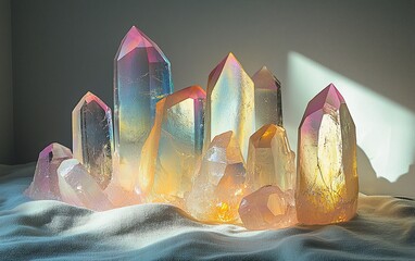 Illuminating cluster of quartz crystals on fabric.