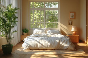 Cozy Modern Scandinavian Bedroom with Natural Light and Potted Plants