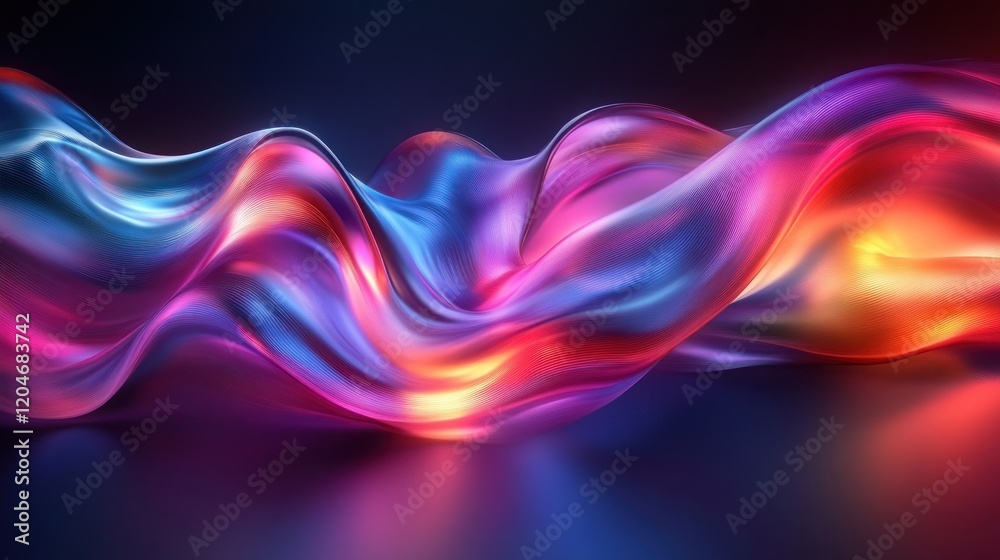 Poster futuristic abstract design with iridescent metal curves and soft neon lighting on dark background