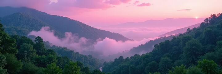 Fototapeta premium Soft pink mist swirls amidst dark greens and blues, nature, landscape
