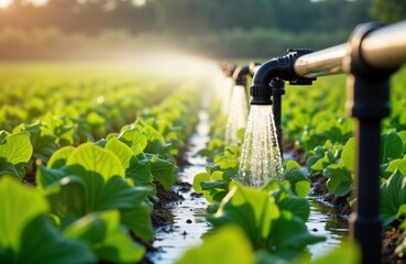 Efficient irrigation system waters rich green crops in sunny field. Sustainable agriculture practice. Water resources management. Modern farm technology. Crop nourishment. Sunny day. Fresh produce.