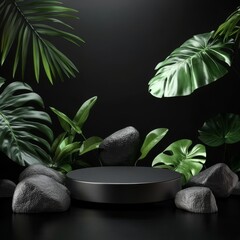 Black podium on dark background with tropical leaves. 3d render.