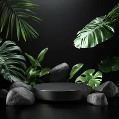 Black podium on dark background with tropical leaves. 3d render.