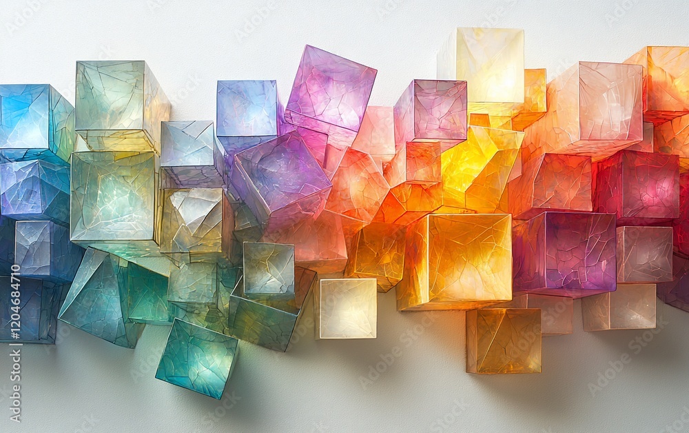 Poster abstract colorful translucent cubes art installation.