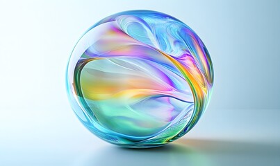 Iridescent glass sphere with swirling pastel colors.
