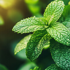 closeup green mint leaves with dew drops in sunlight
