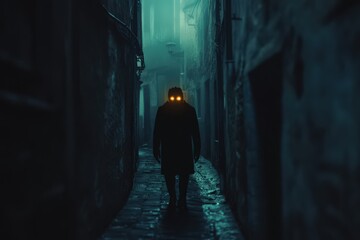 Glowing Eyed Figure Walks Dark City Alleyway