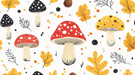 Autumnal Mushrooms and Leaves Pattern Design Perfect for Fall Decor and Seasonal Projects