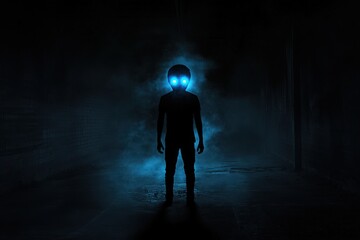 Fototapeta premium Alien Figure Stands in Dark Alleyway at Night