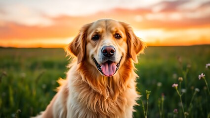 Golden Retriever Portrait at Sunset in a Peaceful Field