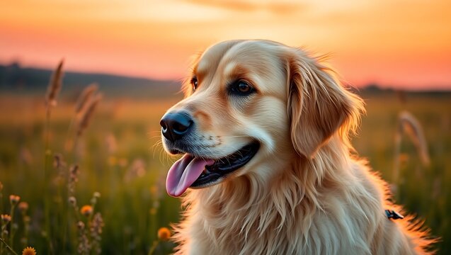 Golden Retriever Portrait at Sunset in a Peaceful Field