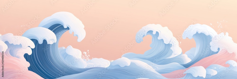 Poster artistic representation of ocean waves under a pastel sunset with gentle colors enhancing the tranqu