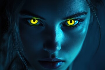 Woman with Bright Yellow Eyes Glowing in the Dark