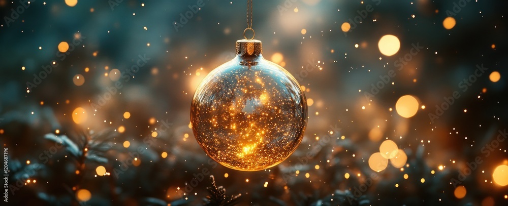 Aufkleber christmas snow globe hanging in starry night with blue abstract background and soft bokeh effect
