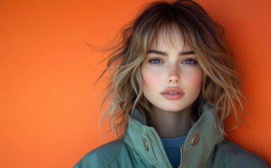 Sporty woman with wavy hair smiling against orange background in studio