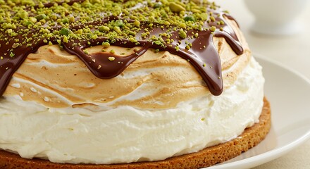 Round layered cake with chocolate ganache, pistachio, and whipped cream. Sweet dessert.