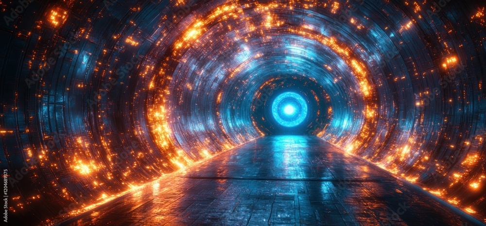 Poster futuristic cyberpunk tunnel with neon lights and concrete structure in 3d rendered industrial enviro