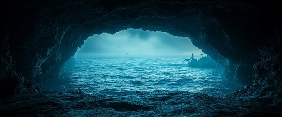 Dark cave opening to stormy ocean view.