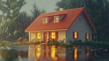 Cozy House Illuminated During a Rainy Night