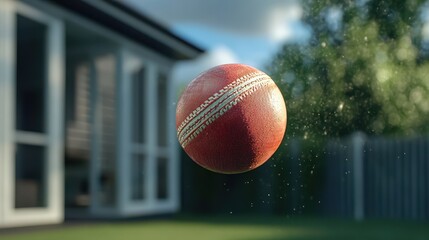 Bright Red Cricket Ball in Mid-Air with Misty Water Droplets Against a Blurred Background of a House and Lush Green Garden Landscape