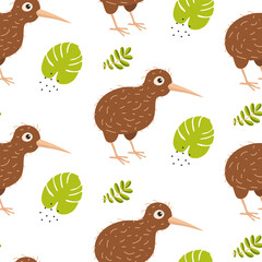 Cute kiwi birds and green leaves create a playful pattern for fun decor