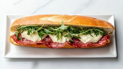 Freshly Made Italian Sub Sandwich with Salami, Mozzarella Cheese, and Arugula on a Crispy Baguette Served on a White Plate Against a Marble Background
