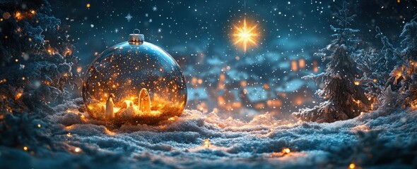 Fototapeta premium Nativity Scene of Jesus Christ in Glass Globe with Starry Night and Snowflakes