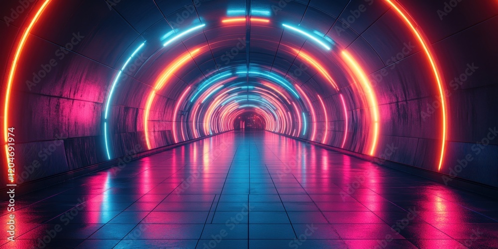 Aufkleber cyberpunk neon tunnel corridor with glowing arcs fluorescent lights abstract 3d rendered space moder
