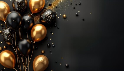 Naklejka premium Festive black, gold balloons on black background create celebration theme. Gold, black confetti scattered around. Design ideal for party invitations, posters, greeting cards. Modern, elegant design