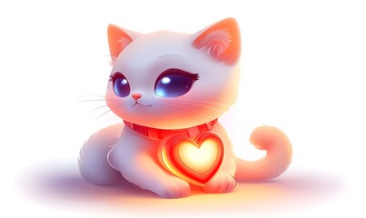 Obraz premium Adorable white kitten with glowing heart pendant.