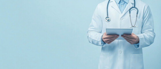 A doctor in a white coat holding a tablet, on a light blue background, stethoscope around their neck with a banner and copy space area for text. Medical healthcare and hospital service concept.