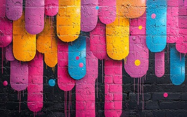 Colorful abstract paint drips on brick wall.