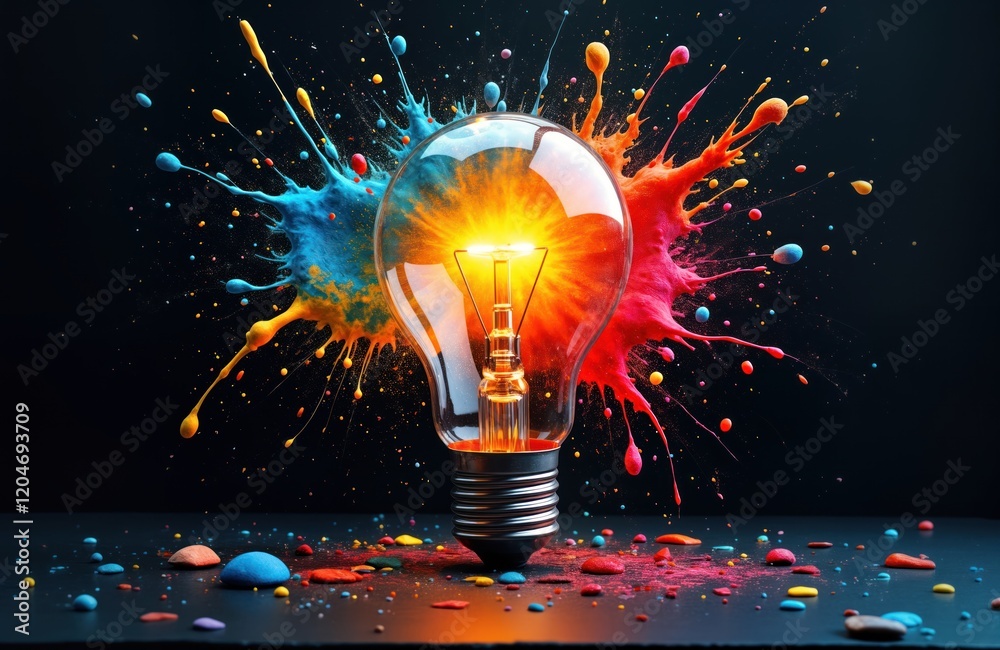 Poster creative light bulb explodes with colorful paint splashes. bright idea bursts with vibrant colors. i