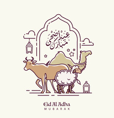 Eid al Adha Mubarak arabic calligraphy with line art design logo