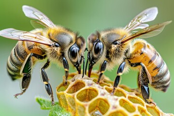 Fototapeta premium A close-up of bees gathering nectar from honeycomb, showcasing their intricate details and cooperative behavior in nature.