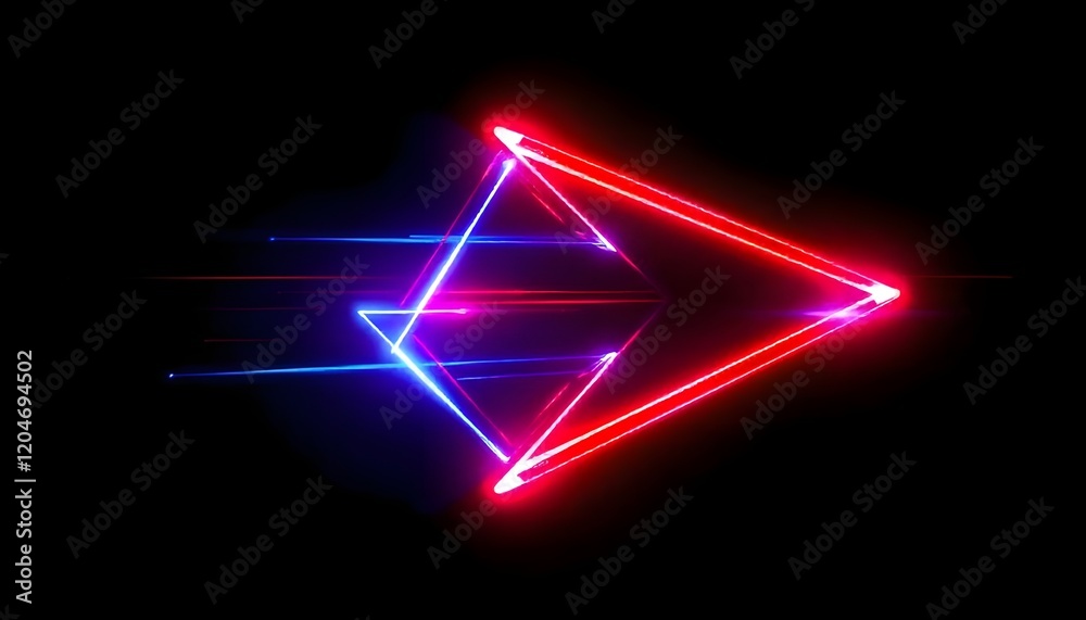 Poster an abstract arrow shape created by vibrant red and blue light streaks, set against a dark background