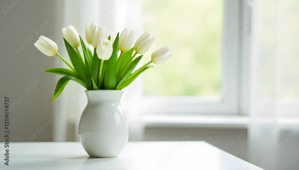 Poster white tulips in a sleek white vase on a minimalist table, set against a softly blurred window, evoki