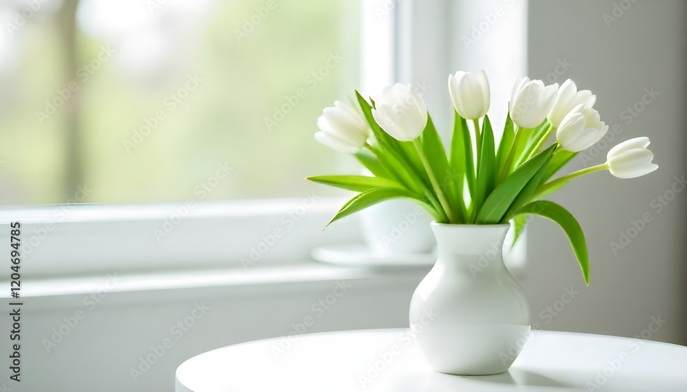 Poster white tulips in a sleek white vase on a minimalist table, set against a softly blurred window, evoki