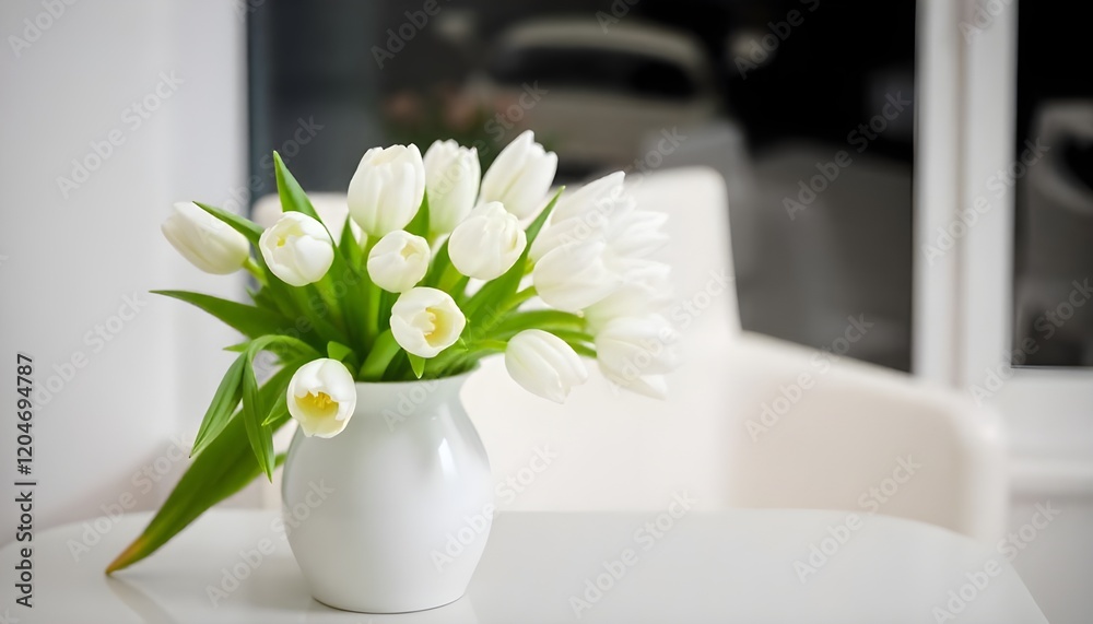 Poster white tulips in a sleek white vase on a minimalist table, set against a softly blurred window, evoki
