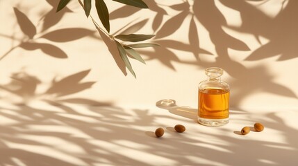 Elegant Display of a Small Bottle of Olive Oil Surrounded by Scattered Olives on a Plain Surface with Soft Shadows and Bright Lighting
