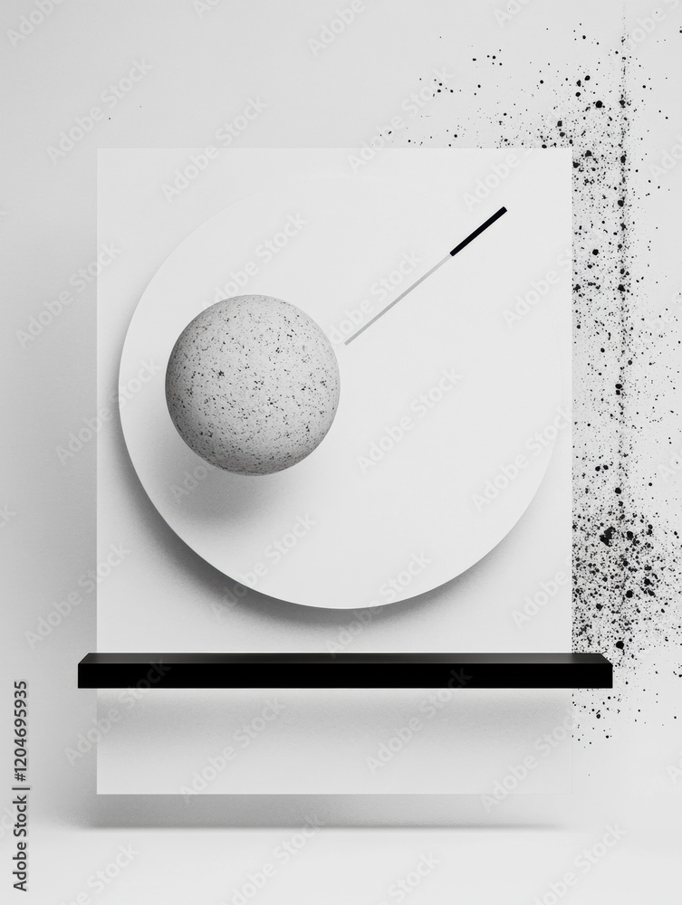 Poster abstract composition featuring a sphere and an artistic tool on a minimalist backdrop. generative ai