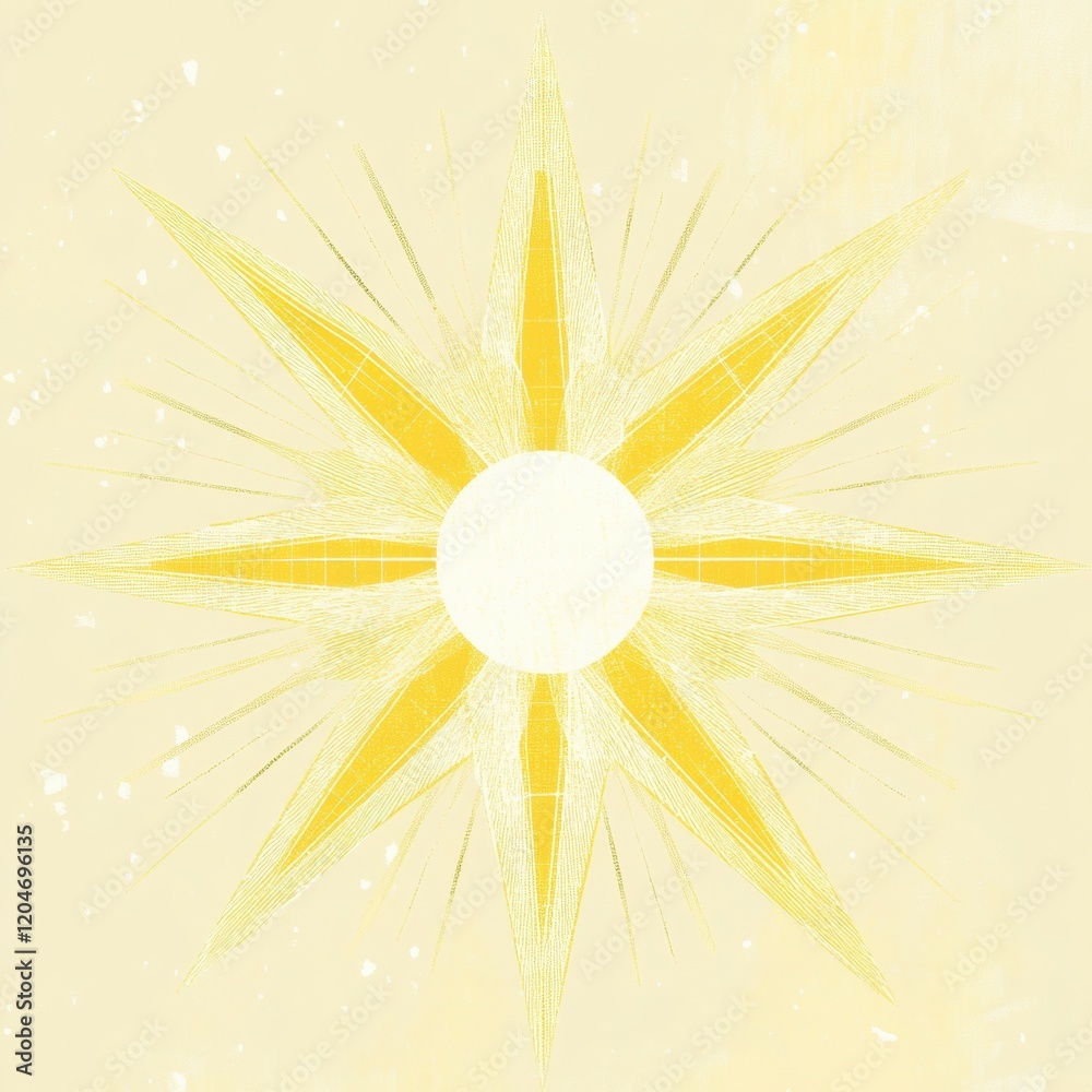 Poster bright yellow sun symbol with rays set against a light background created for an artistic and inspir
