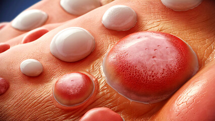 Pemphigus Vulgaris Skin Disease Illustration: Close-Up of Blisters, Autoimmune Disorder, Medical Visualization, Dermatology Concept