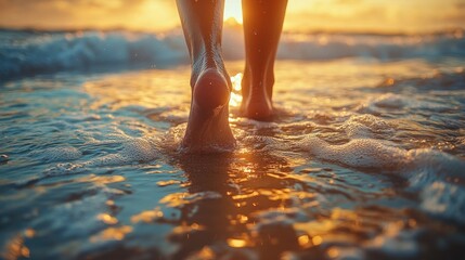 Barefoot Woman Walking on Beach Sand During Sunset Relaxation in Summer Travel by the Ocean