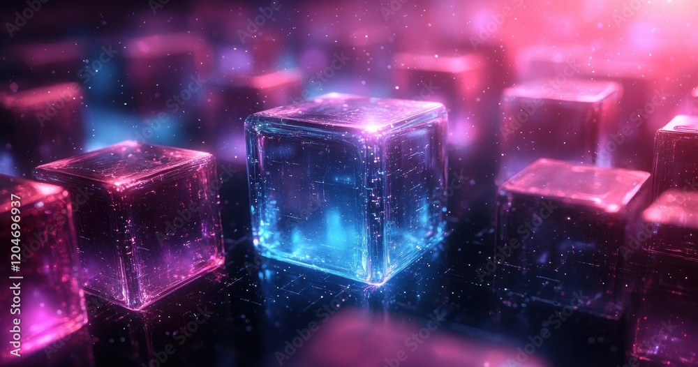 Aufkleber Futuristic Abstract Scene with Neon Illuminated Floating Cubes on Black Background 3D Render