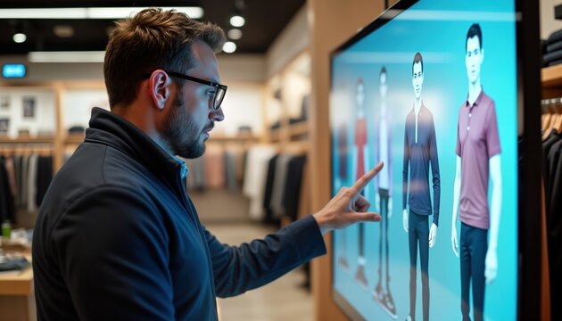 Man wearing glasses interacts with touch screen display. He browses clothes in modern retail store. Tech is used for fashion browsing. Shopping experience is personalized. AI helps shoppers.