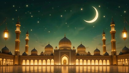 Majestic Ramadan Mosque with Glowing Lanterns and Crescent Moon