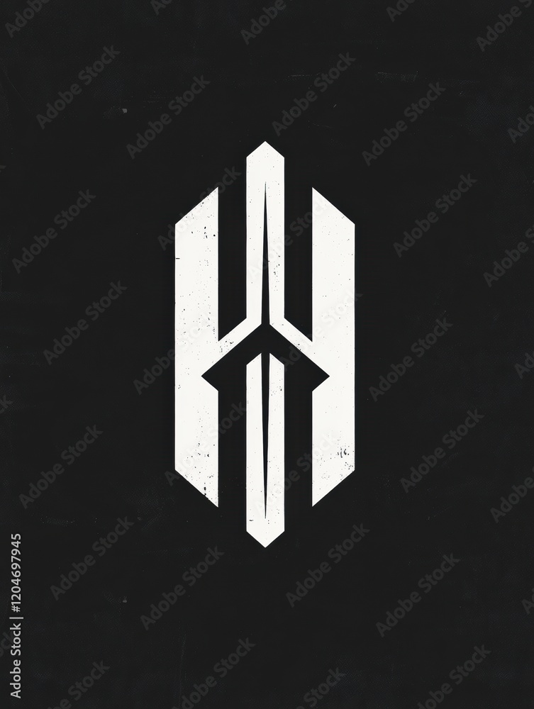 Poster abstract black and white logo design featuring sharp geometric shapes and a central emblem. generati