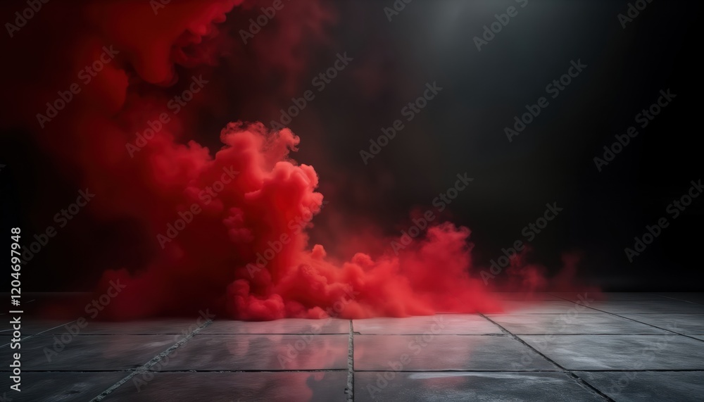 Poster empty dark room with red smoke rising from concrete floor. dramatic and mysterious atmosphere. perfe