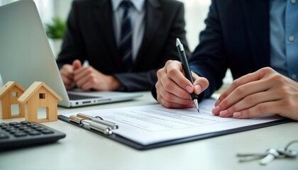 Fototapeta premium Real estate agents discuss home purchase with clients. People sign documents. Formal business meeting. Potential new homebuyers review important legal paperwork. Transaction for property acquisition.